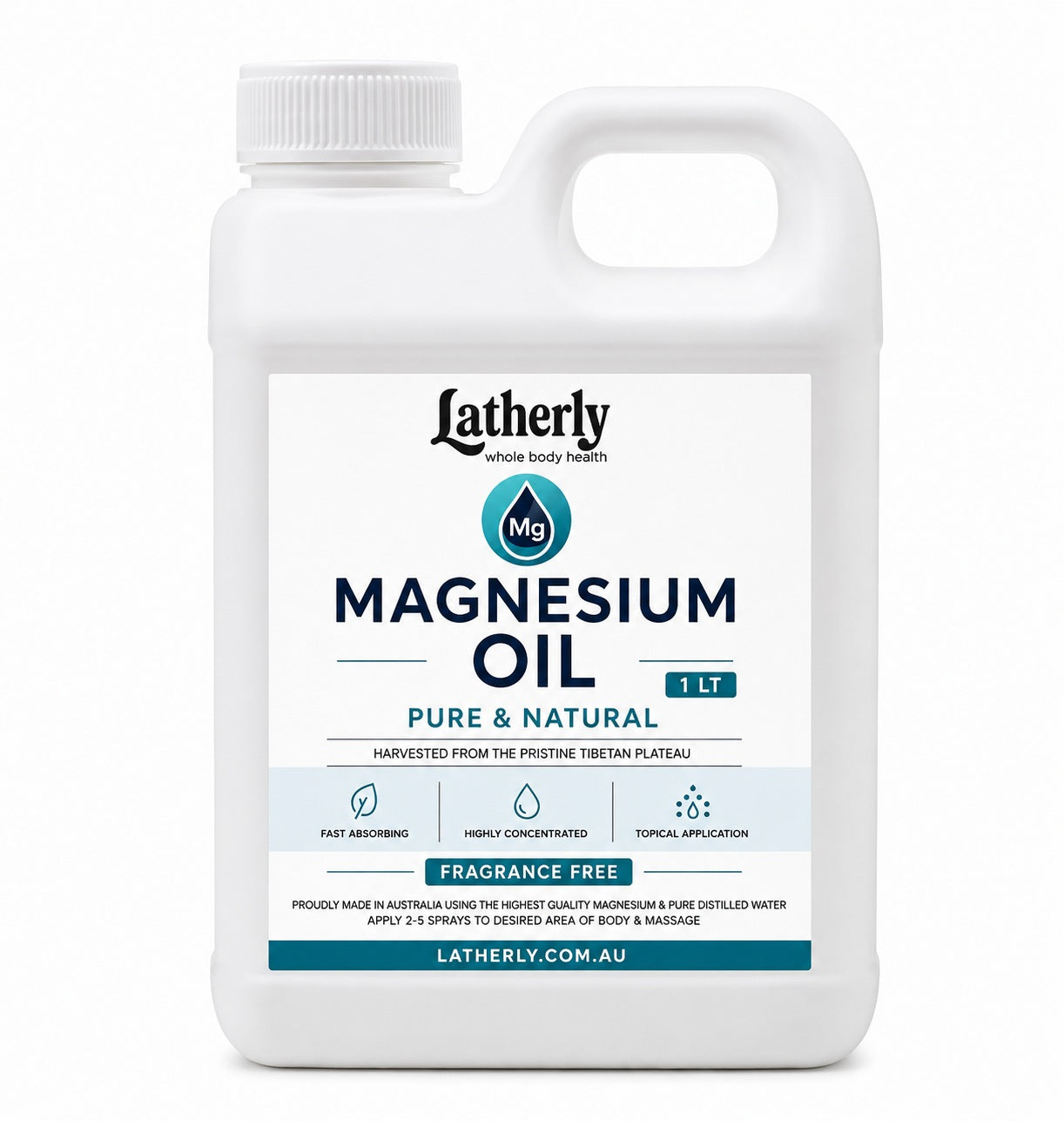 Latherly fragrance-free magnesium oil spray bottle, 1-liter size, pure magnesium chloride topical spray for massage and skin use