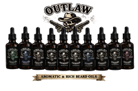Latherly OutLaw Beard Oil range in 50ml bottles with various scents, featuring a dropper and beard care branding.