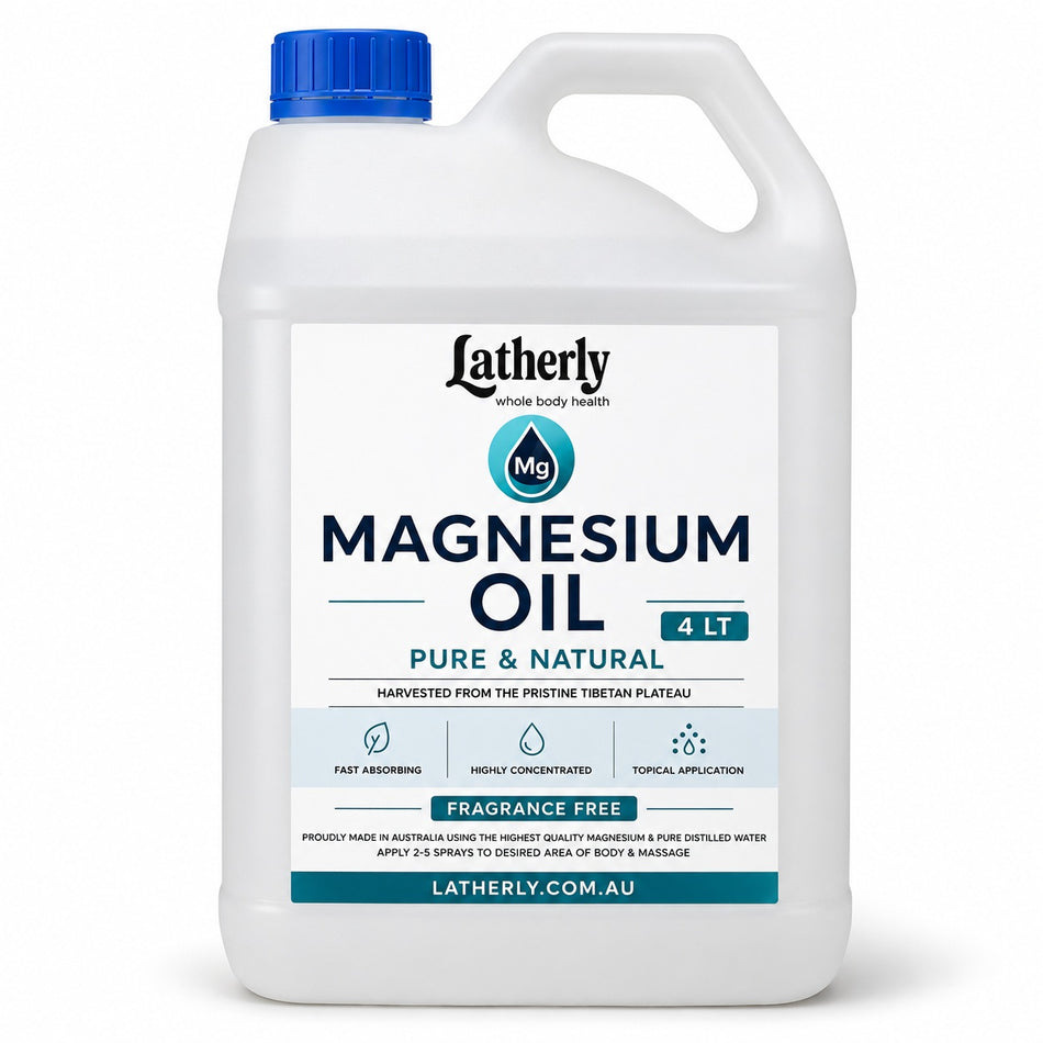 Latherly fragrance-free magnesium oil spray bottle, 4 liters, pure magnesium chloride topical massage oil for skin application.