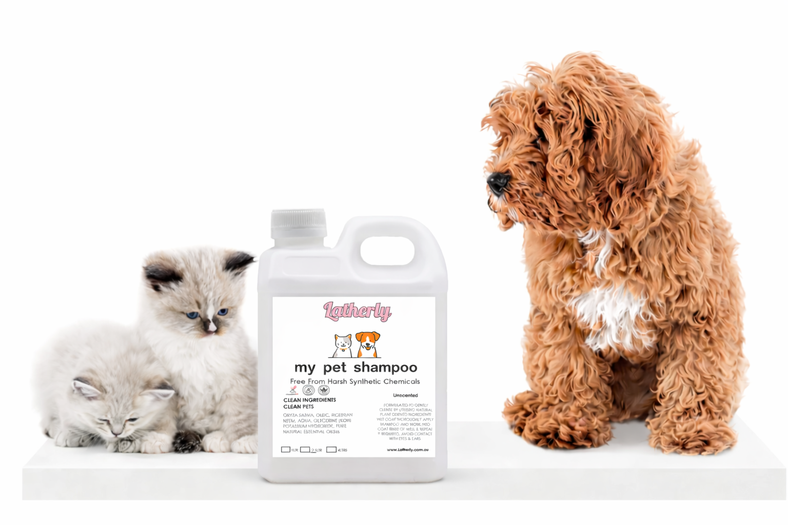 Latherly Natural Pet Shampoo Organic fragrance-free 2.5 LTR bottle with pump, showcasing the shampoo's label and packaging design.