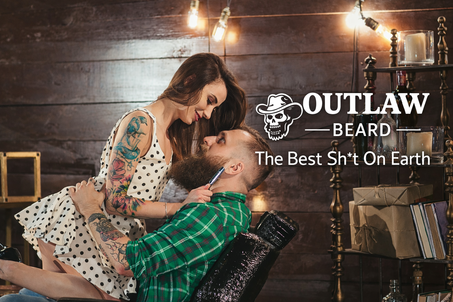 Woman with tattoos giving a man a haircut in a rustic setting, with 'Outlaw Beard' branding.