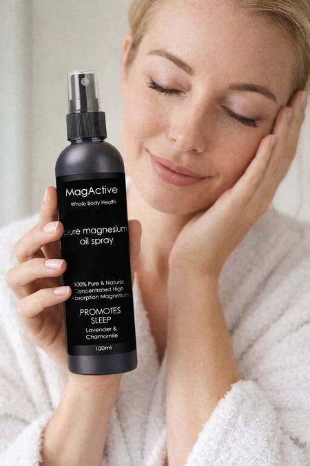 Latherly magnesium oil spray set with three 100ml travel-size bottles for sleep, post-exercise, and muscle relief.