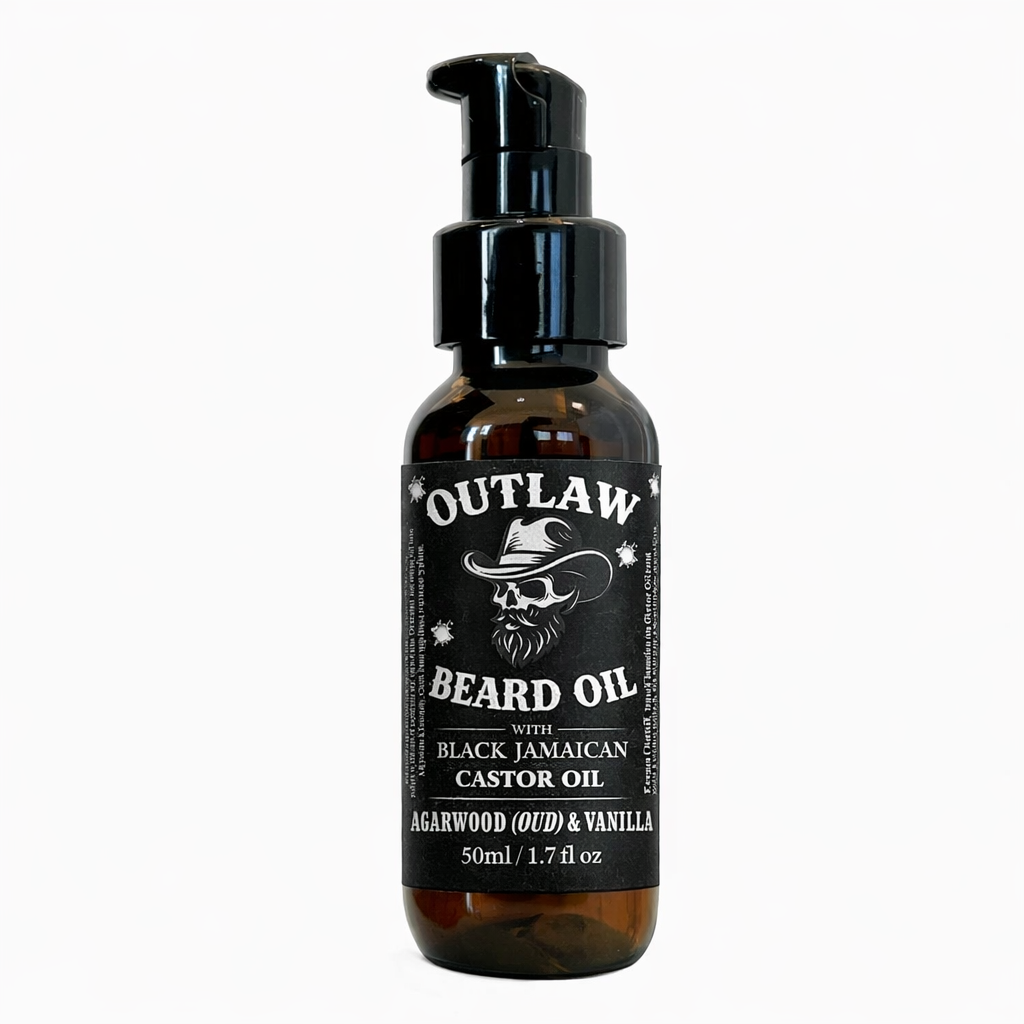OutLaw Beard Oil by Latherly in Agarwood Oud Vanilla scent, 50ml grooming product with a sleek bottle and label.