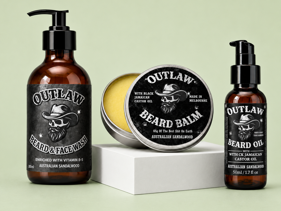 Outlaw grooming products including beard oil, balm, and face wash on a light green background