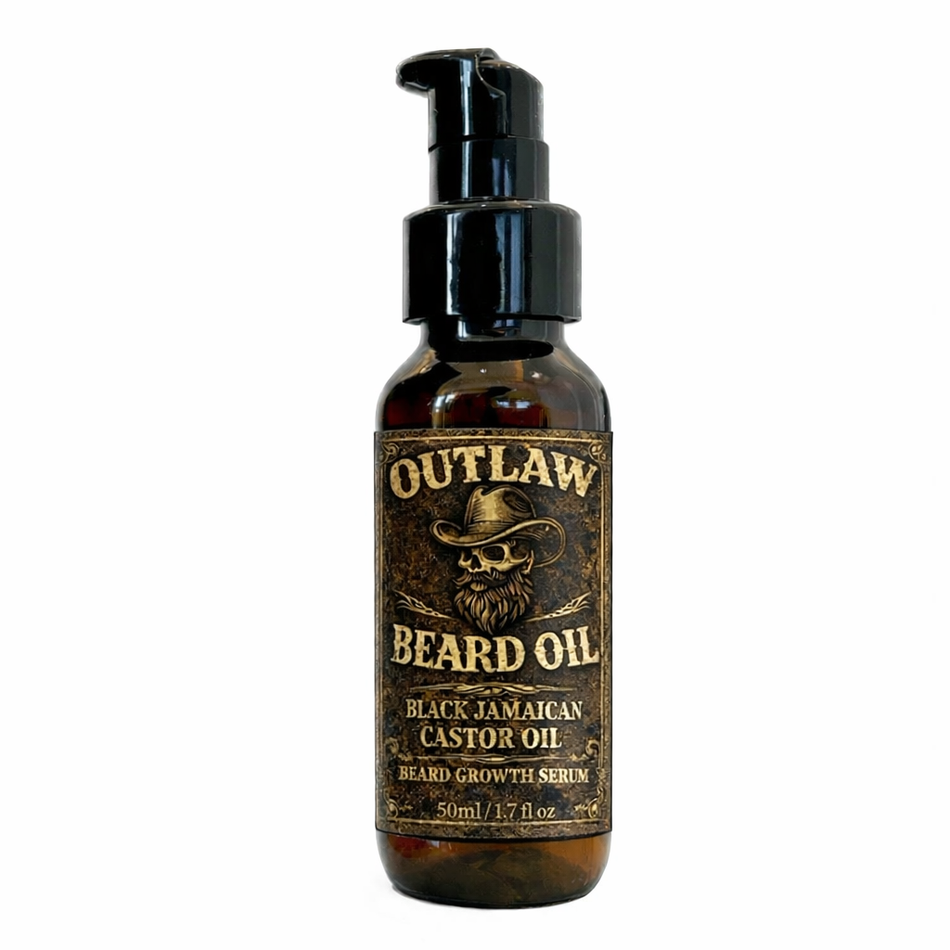 Latherly OutLaw Beard Oil Range with multiple scents, 50ml bottle, featuring beard growth serum for healthy, well-groomed beards.