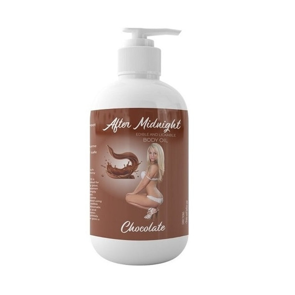 Latherly After Midnight chocolate edible and lickable body oil in a 250ml bottle, smooth and glossy with chocolate flavor.