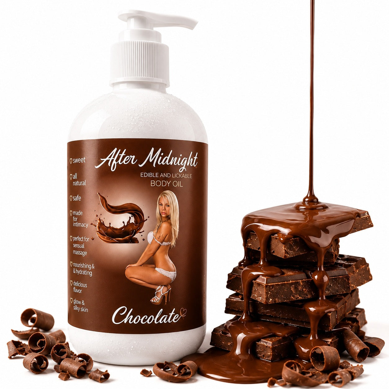 Latherly After Midnight edible body oil 3-pack with chocolate, raspberry, and strawberry flavors in a mock-up display.