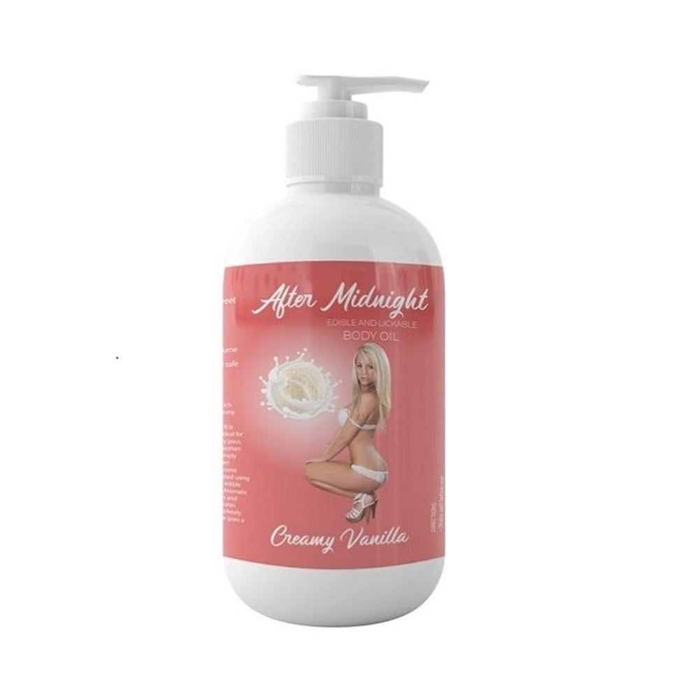 Latherly After Midnight creamy vanilla edible and lickable body oil in a 250ml bottle, with a smooth, luxurious texture.