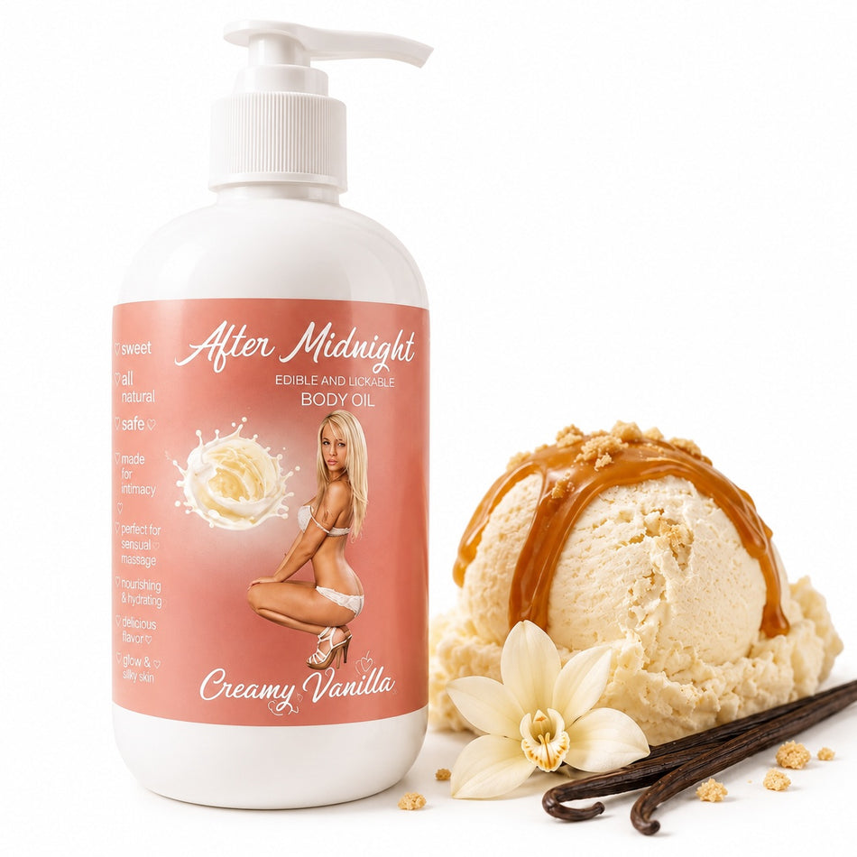 Latherly After Midnight creamy vanilla edible and lickable body oil in a 250ml bottle, with a smooth, creamy vanilla appearance.