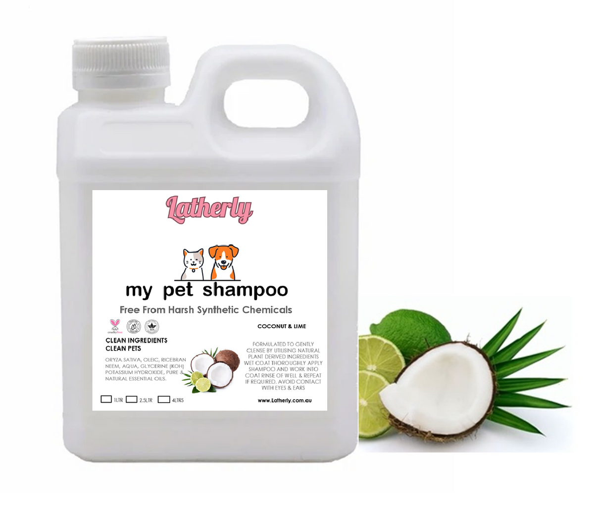 Latherly organic pet shampoo with coconut and lime scent, 2.5L bottle, gentle and lightly scented for dogs and cats.