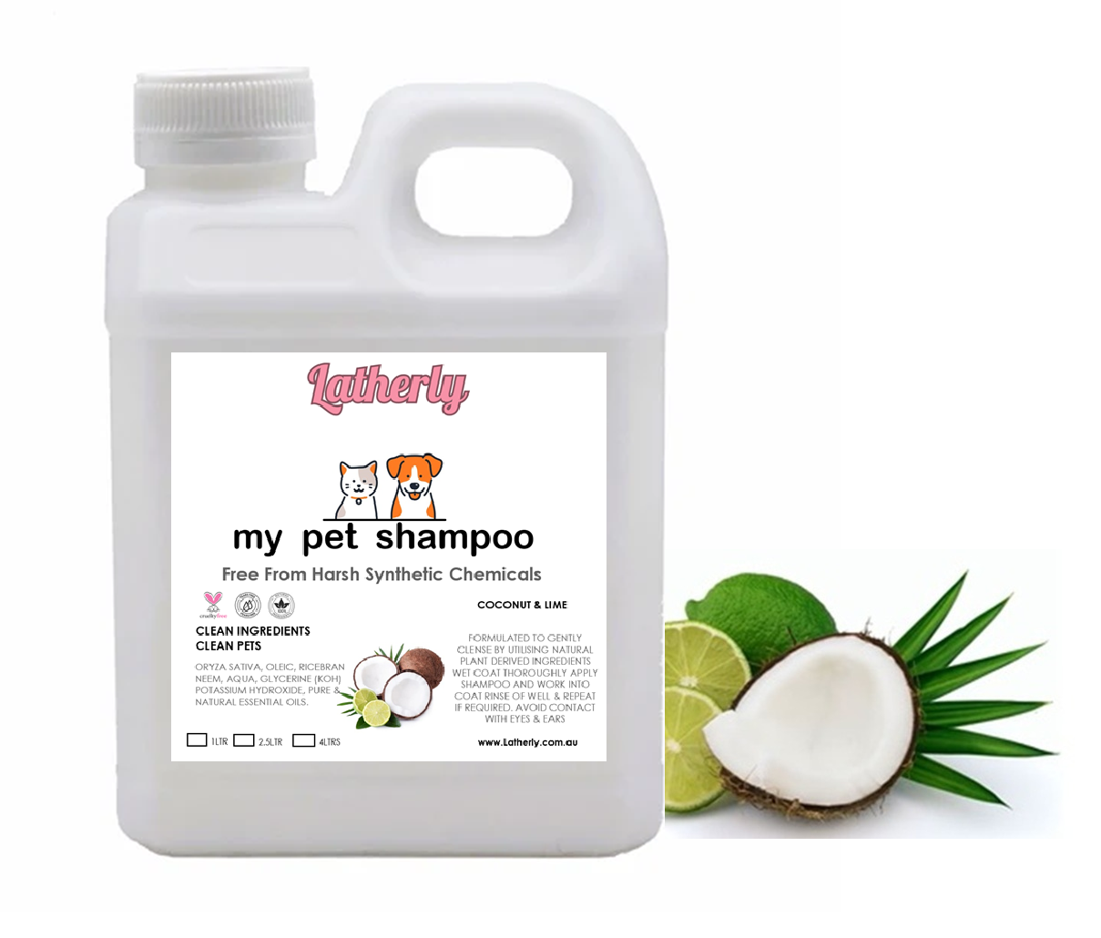 Latherly organic pet shampoo with coconut and lime scent, 2.5L bottle, gentle and lightly scented for dogs and cats.