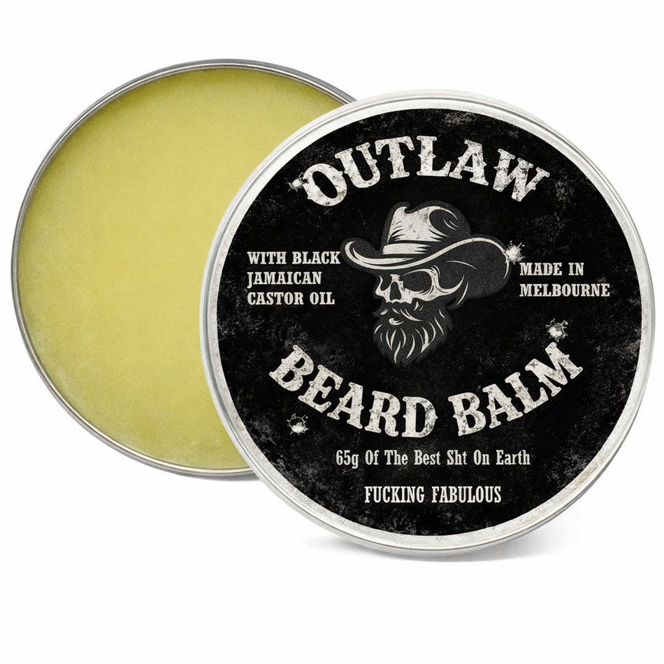 Latherly OutLaw Beard Balm in 65g jar with various scents, featuring a natural beard grooming product with a stylish label.