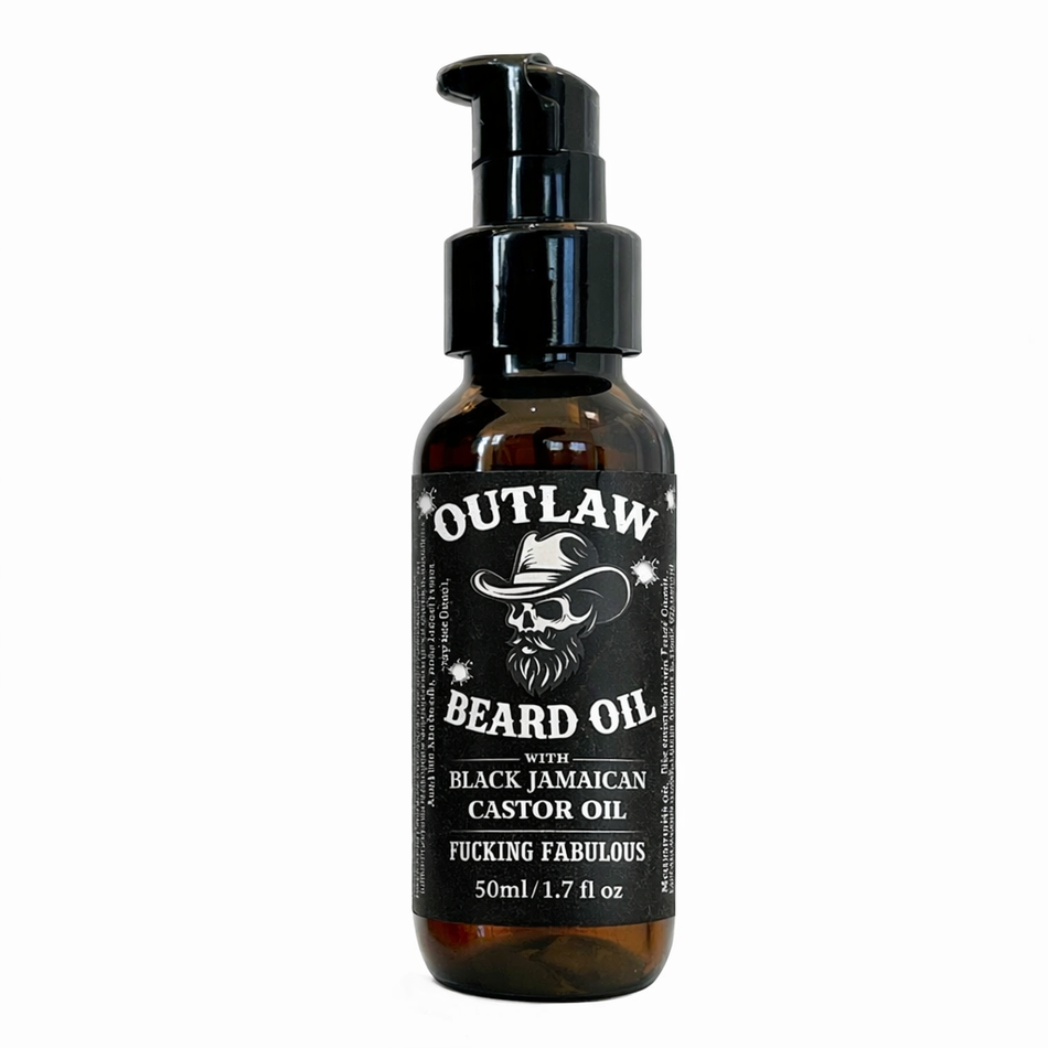 Latherly OutLaw Beard Oil bottle featuring the Fucking Fabulous scent, 50ml, with a sleek design and label visible.