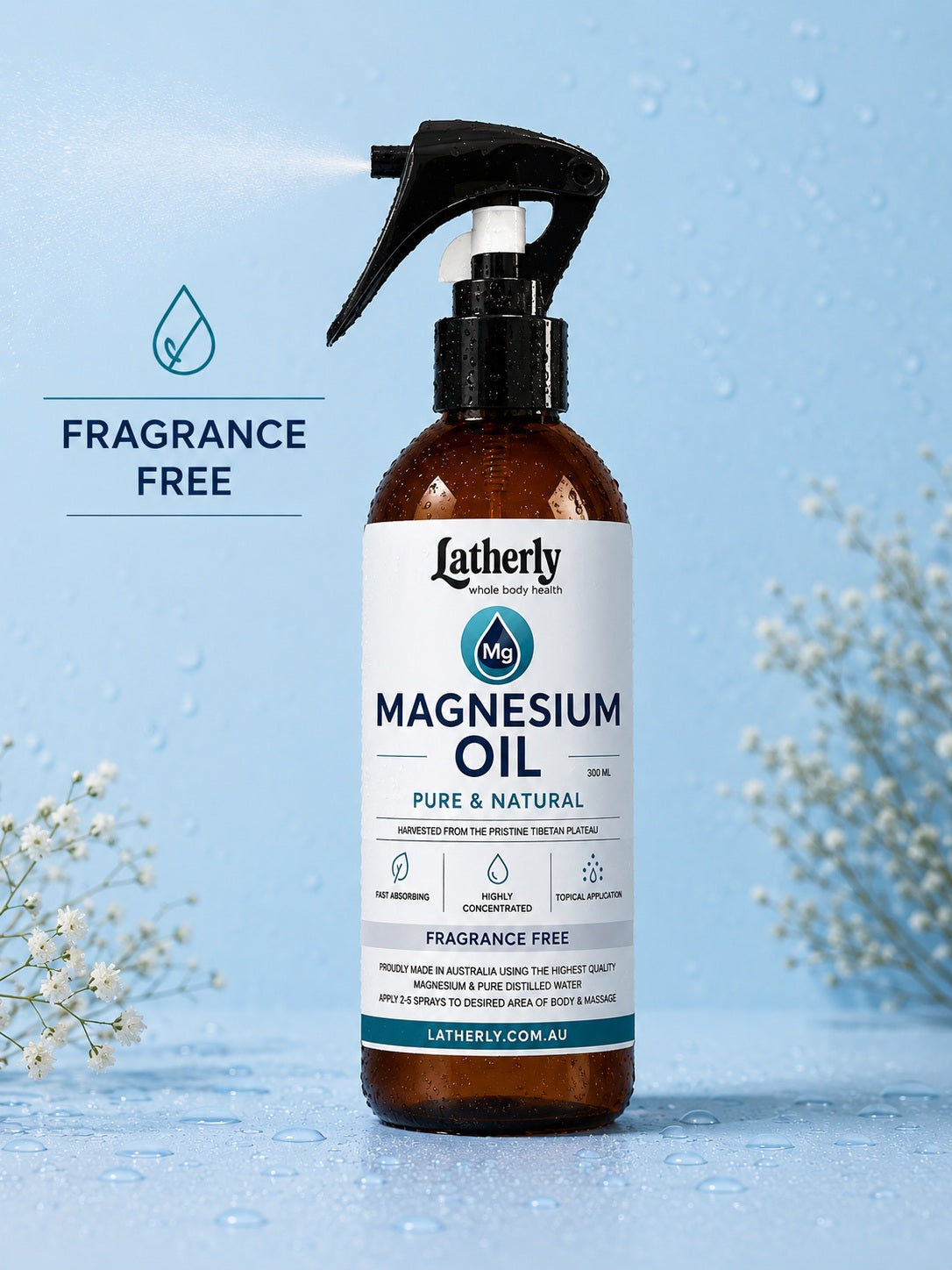 Latherly magnesium oil spray bottle, fragrance-free pure magnesium chloride spray for fast absorption, 300ml massage oil.