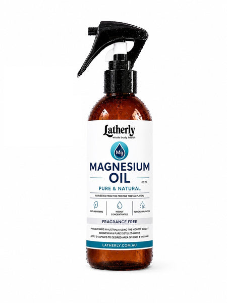Latherly magnesium oil spray in a white bottle, fragrance-free, fast-absorbing magnesium chloride spray for relaxation and muscle relief