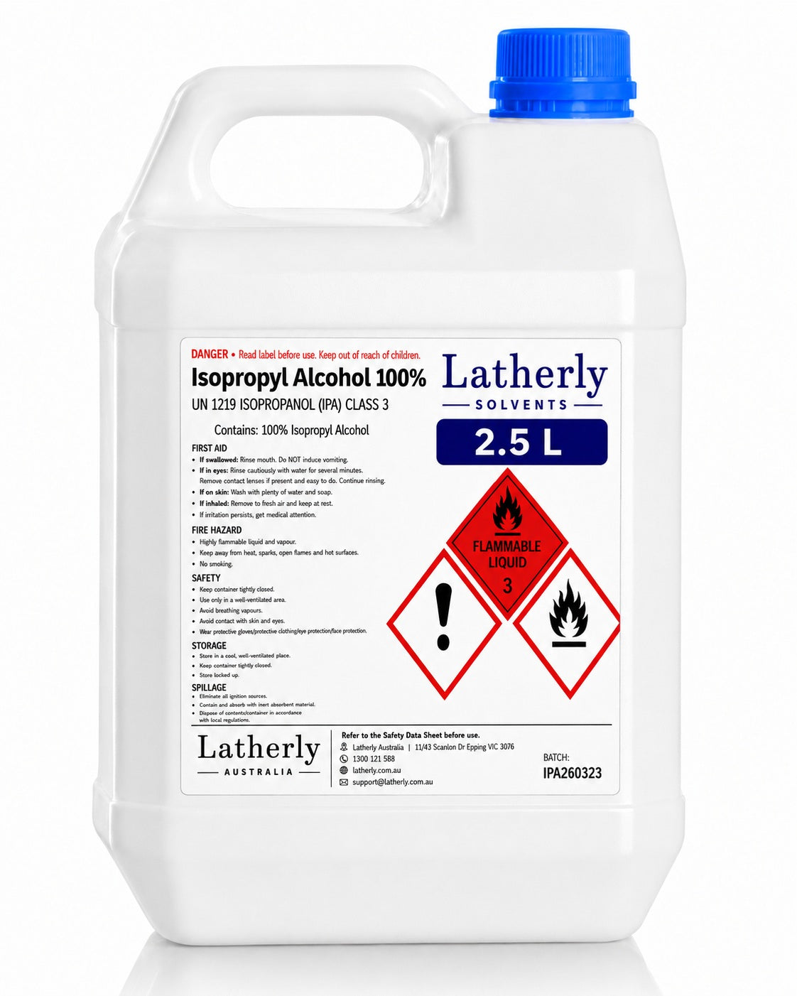 A 2.5 L white plastic bottle of Latherly Isopropyl Alcohol 100% with a blue cap and a detailed white product label featuring red hazard symbols.