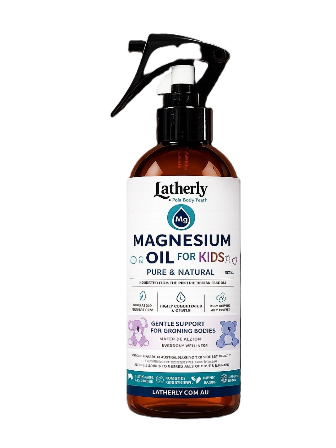 Bottle of Latherly magnesium oil for kids on a white background