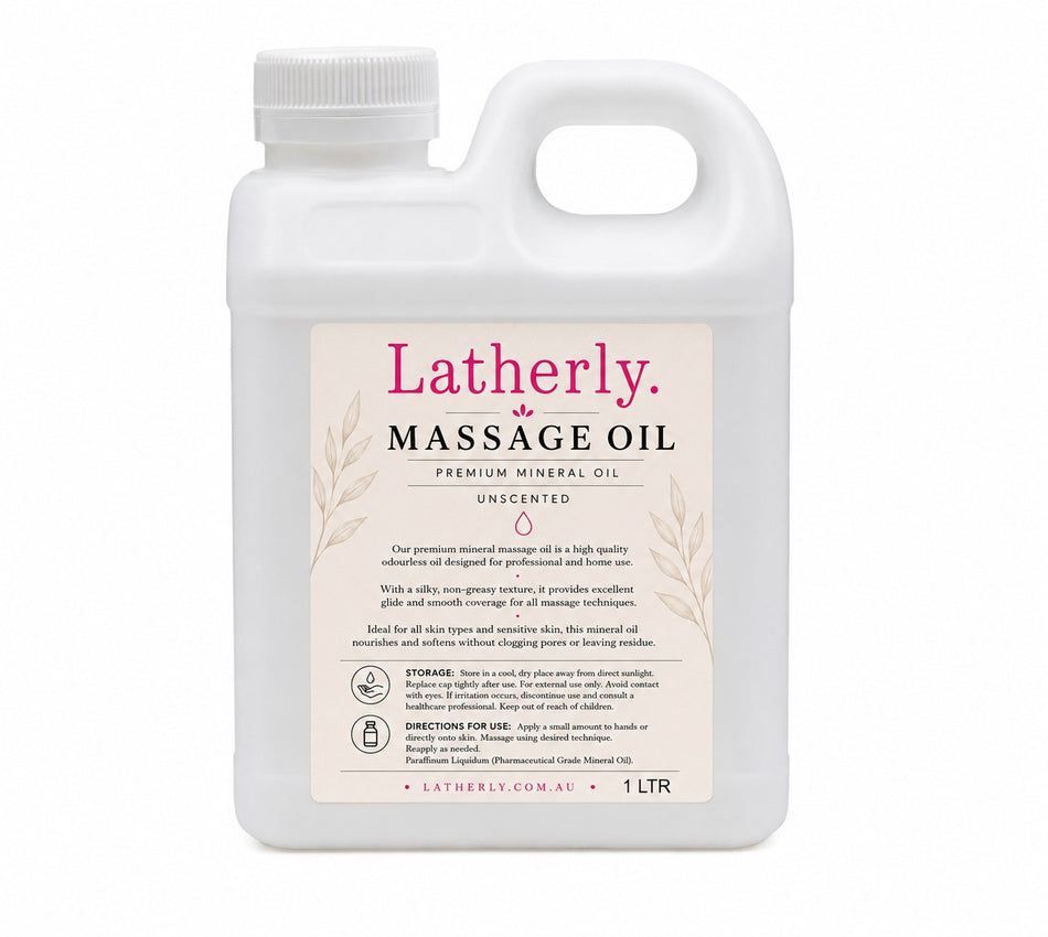 Latherly premium white mineral massage oil in a 1-liter bottle, unscented and silky smooth for relaxing massages.