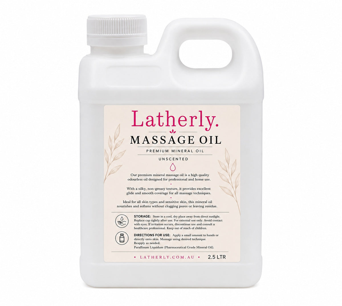 Latherly Premium White Mineral Massage Oil, unscented and silky smooth, in a 2.5-liter bottle for relaxing massages.