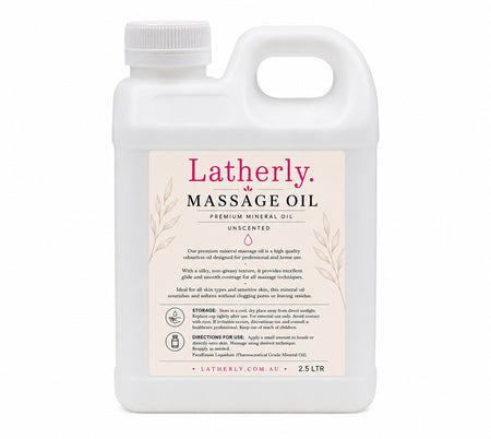Latherly Premium White Mineral Massage Oil, unscented and silky smooth, in a 2.5-liter bottle for relaxing massages.