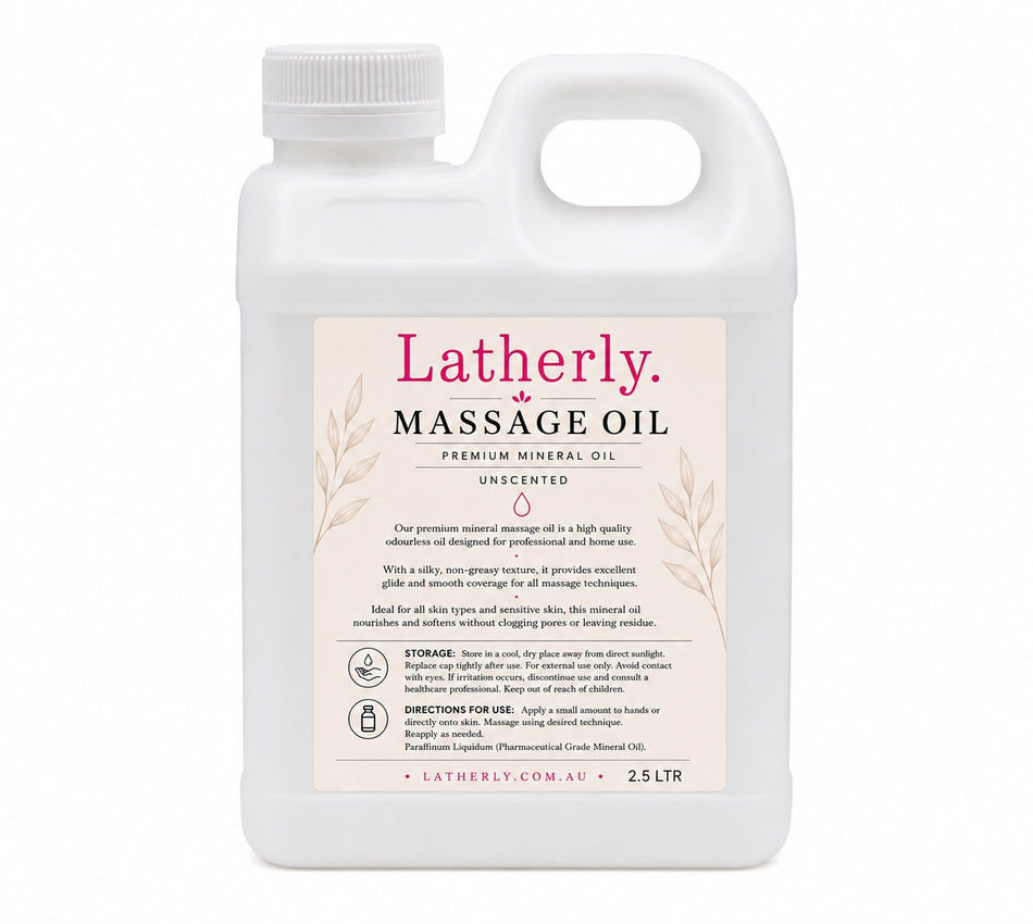 Latherly Premium White Mineral Massage Oil, unscented and silky smooth, in a 2.5-liter bottle for relaxing massages.