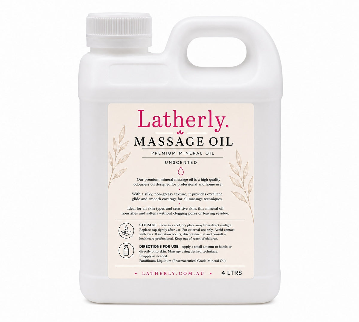 Latherly Premium White Mineral Massage Oil in a 4-liter container, unscented and silky smooth for relaxing massages.