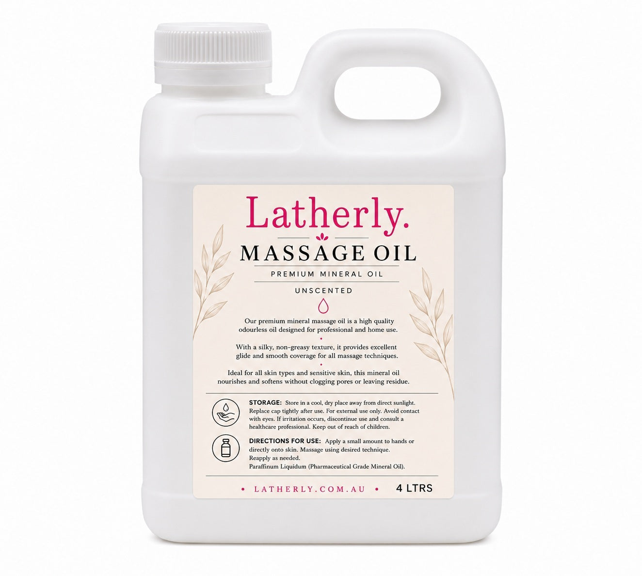 Latherly Premium White Mineral Massage Oil in a 4-liter container, unscented and silky smooth for relaxing massages.