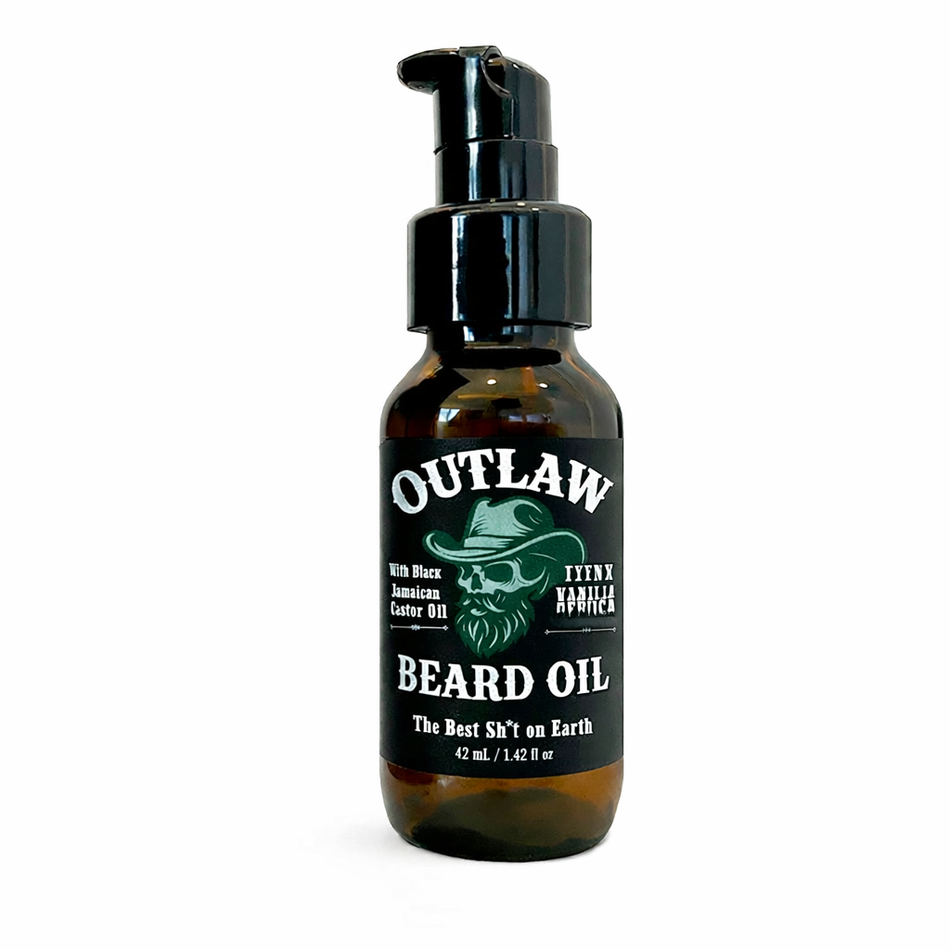 OutLaw Beard Grooming premium beard oil by Latherly with black Jamaican castor oil, designed for grooming and nourishing beards.