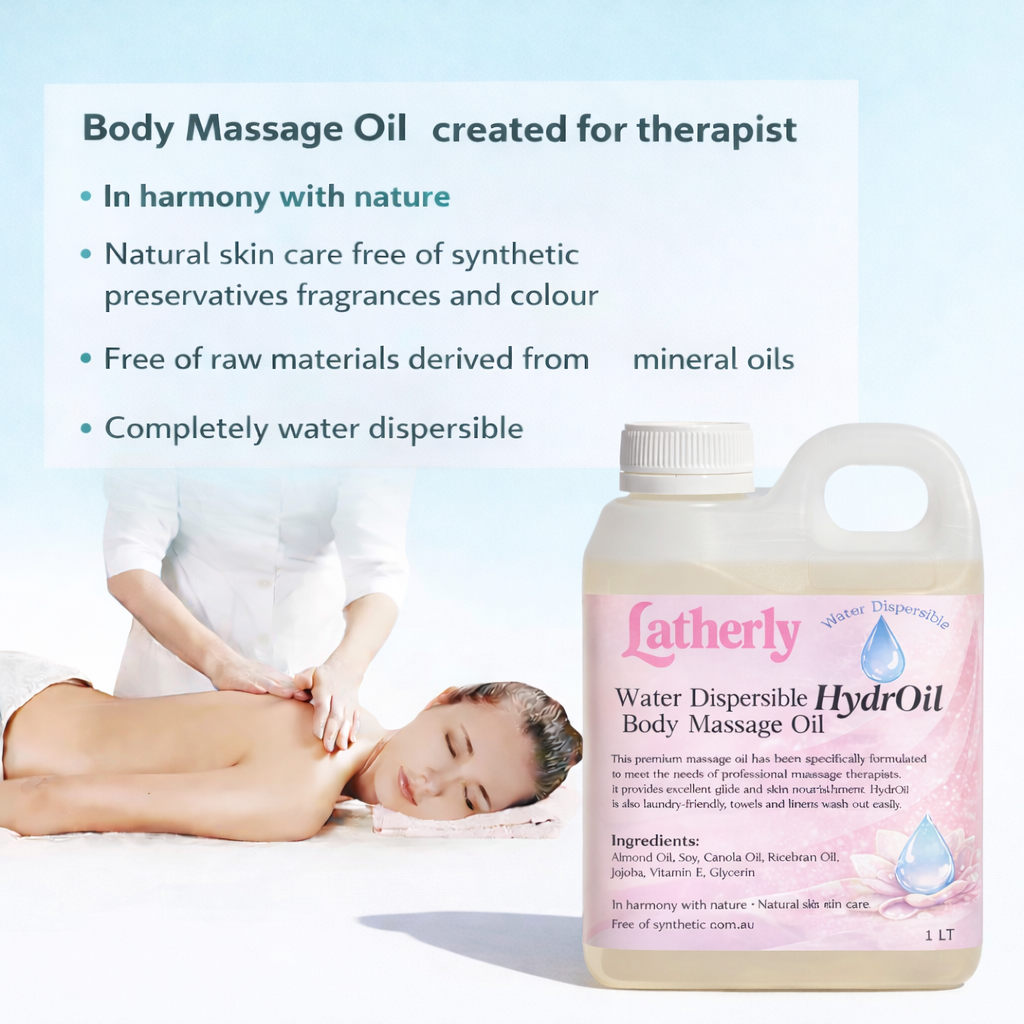 Latherly unscented body massage oil in a bottle, professional therapist grade, water dispersible, ideal for relaxing massage therapy.