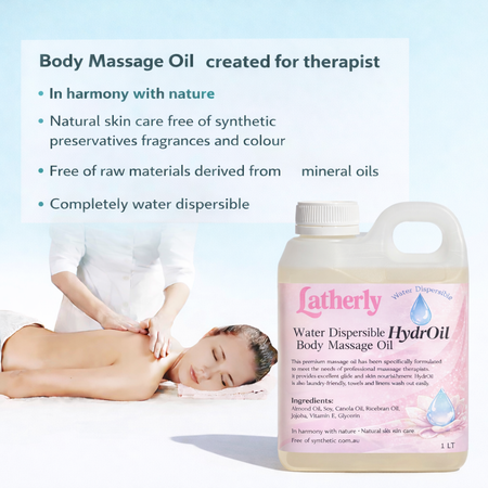 Latherly unscented body massage oil in a bottle, professional therapist grade, water dispersible, ideal for relaxing massage therapy.
