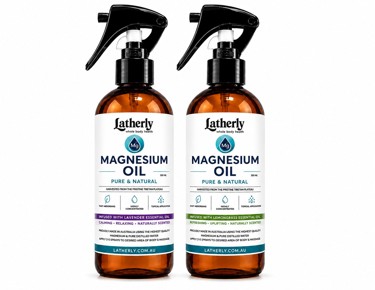 Latherly magnesium oil spray twin pack with lavender and lemongrass infusion, 300ml bottles for massage and relaxation.