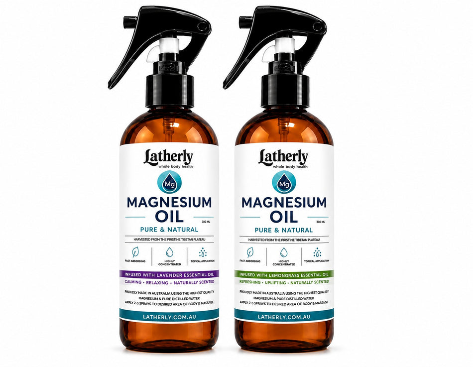 Latherly magnesium oil spray twin pack with lavender and lemongrass infusion, 300ml bottles for massage and relaxation.