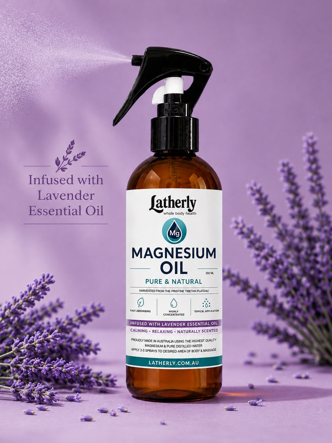 Latherly magnesium oil spray with lavender essential oil, 300ml, fast-absorbing massage oil in a clear spray bottle with lavender flowers