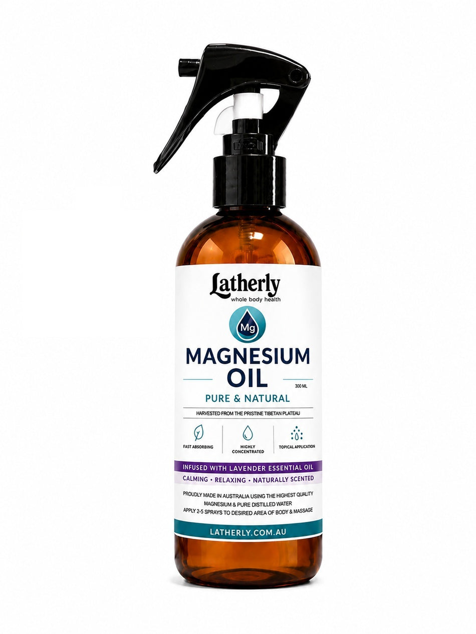 Brown spray bottle of Latherly Magnesium Oil on a white background