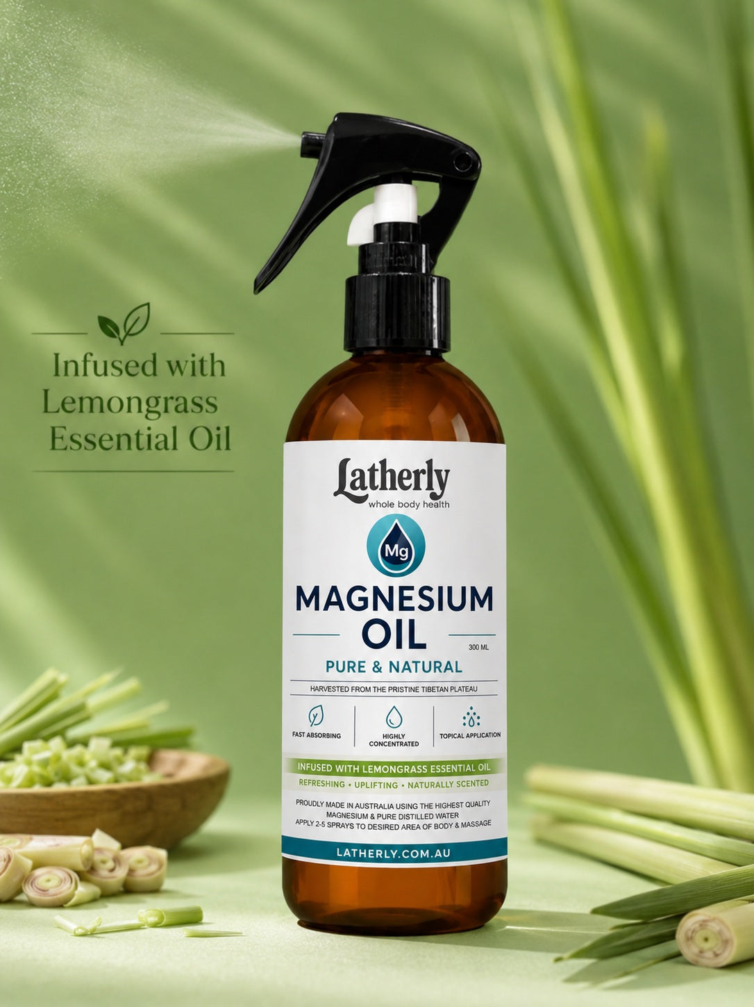 Latherly magnesium oil spray with lemongrass essential oil, fast-absorbing massage oil in a 300ml bottle.