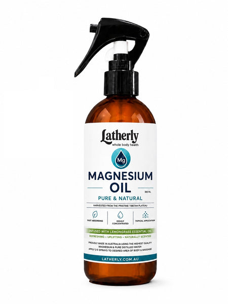 Latherly magnesium oil spray twin pack with lavender and lemongrass infusion, 300ml bottles, featuring a white spray bottle design.