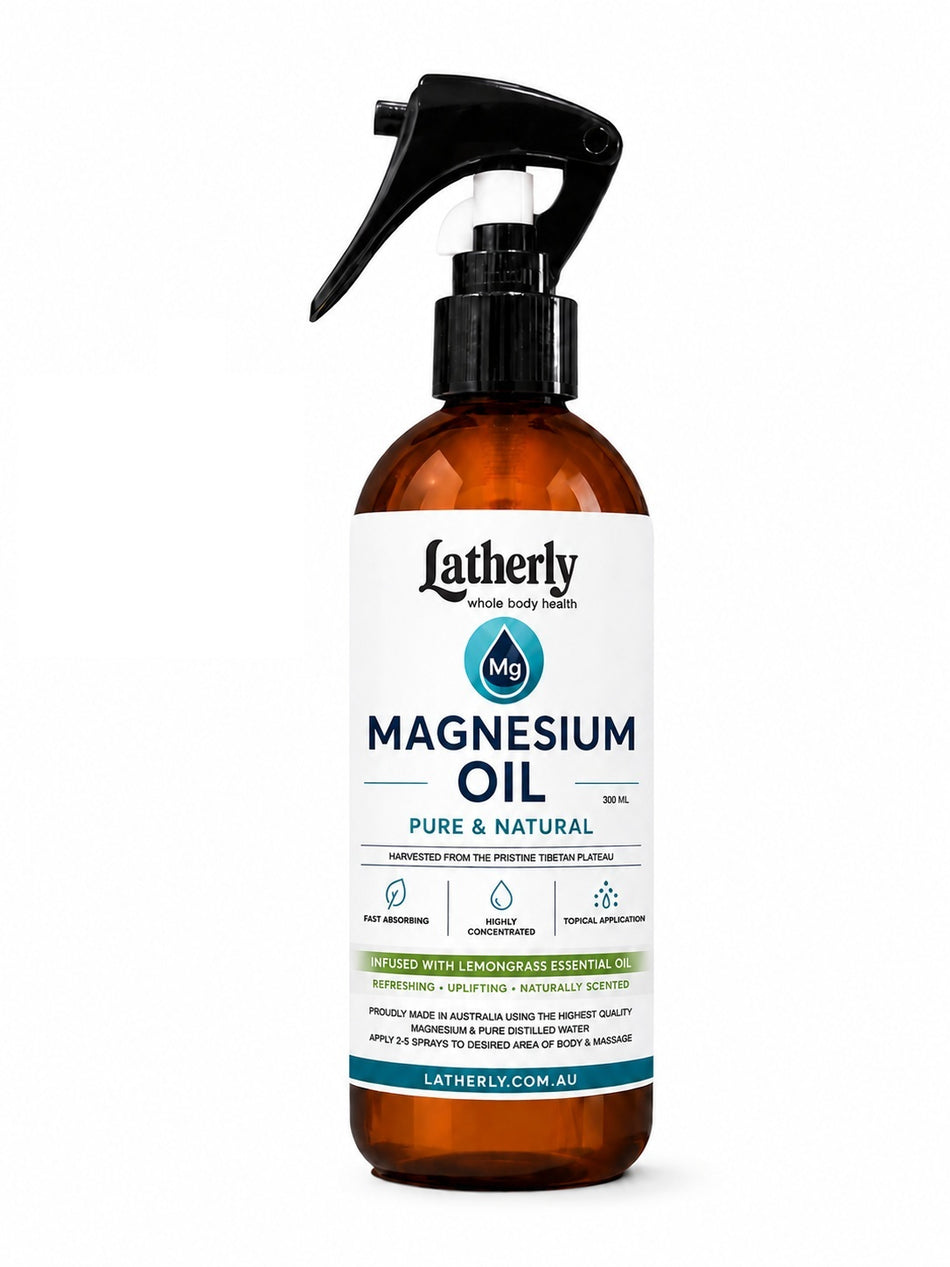 Latherly magnesium oil spray twin pack with lavender and lemongrass infusion, 300ml bottles, featuring a white spray bottle design.