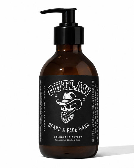Brown bottle of 'Outlaw Beard & Face Wash' with a black label on a white background