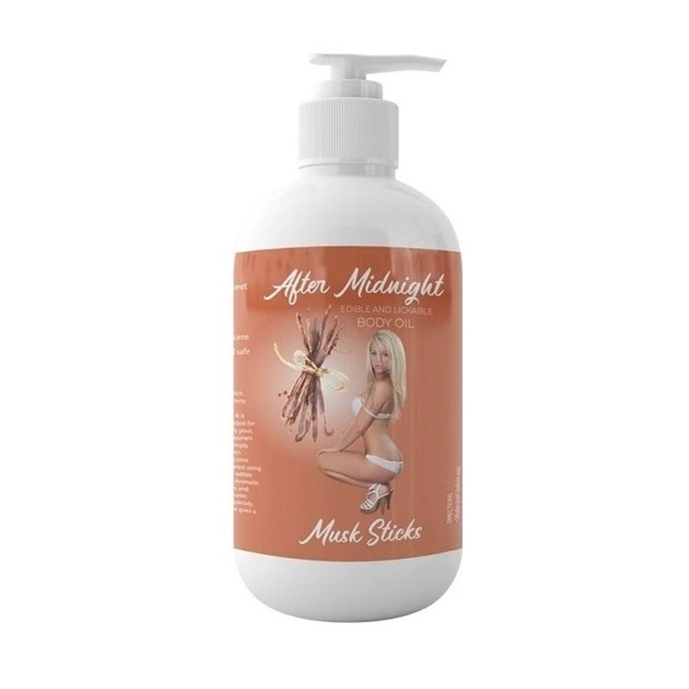 Latherly Musk Sticks edible and lickable body oil bottle with black and pink label, 250ml, for massage and body care.