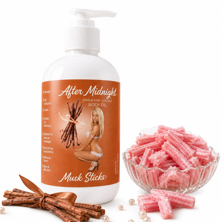 Latherly After Midnight Musk Sticks edible and lickable body oil bottle, 250ml, with black and white branding design.