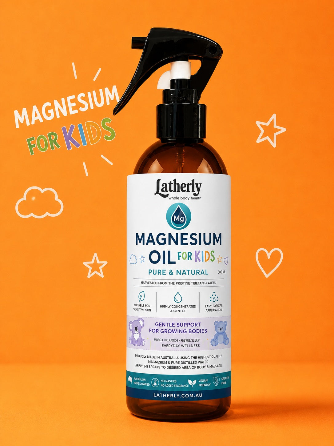 Latherly magnesium oil spray for kids, fragrance-free, fast-absorbing magnesium body spray in 300ml bottle.