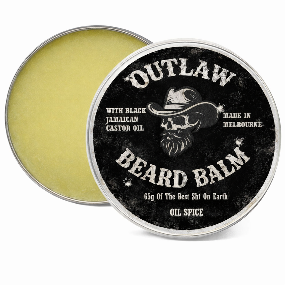 Latherly OutLaw Beard Balm in 65g jar, premium beard conditioning balm with Old Spice-inspired scent for grooming and softening beards.