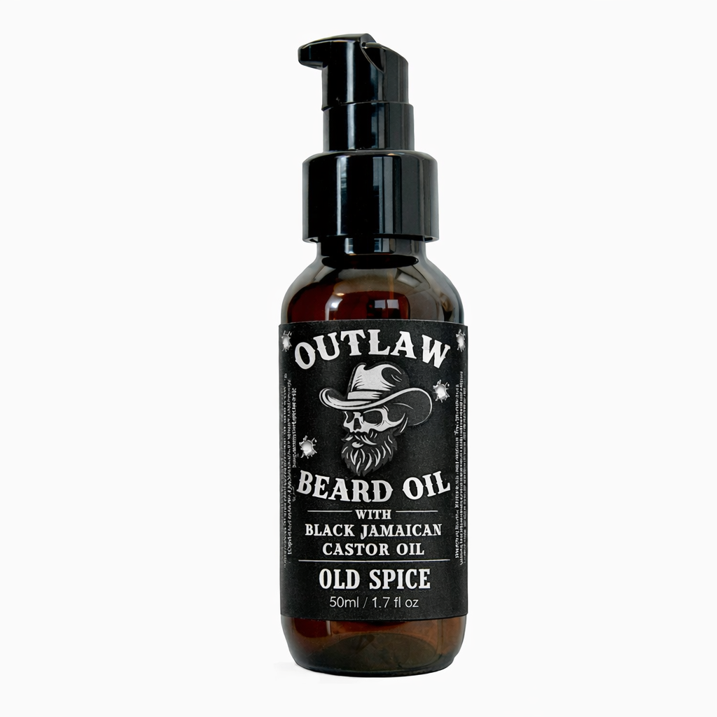 Latherly OutLaw beard grooming oil with black Jamaican castor oil, in a bottle designed like Old Spice style.