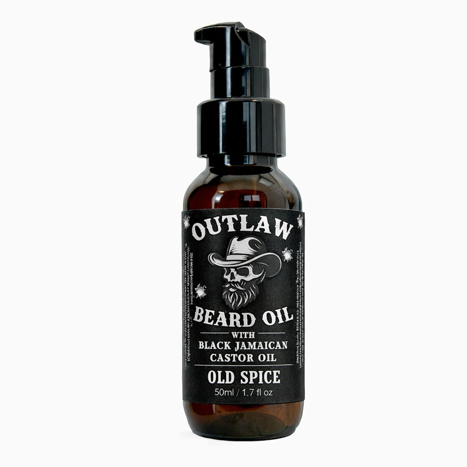 Latherly OutLaw beard grooming oil with black Jamaican castor oil, in a bottle designed like Old Spice style.