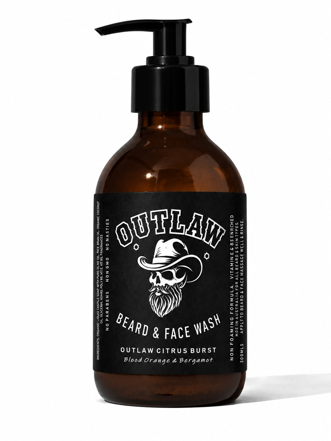 Brown bottle of Outlaw Beard & Face Wash with black pump on a white background
