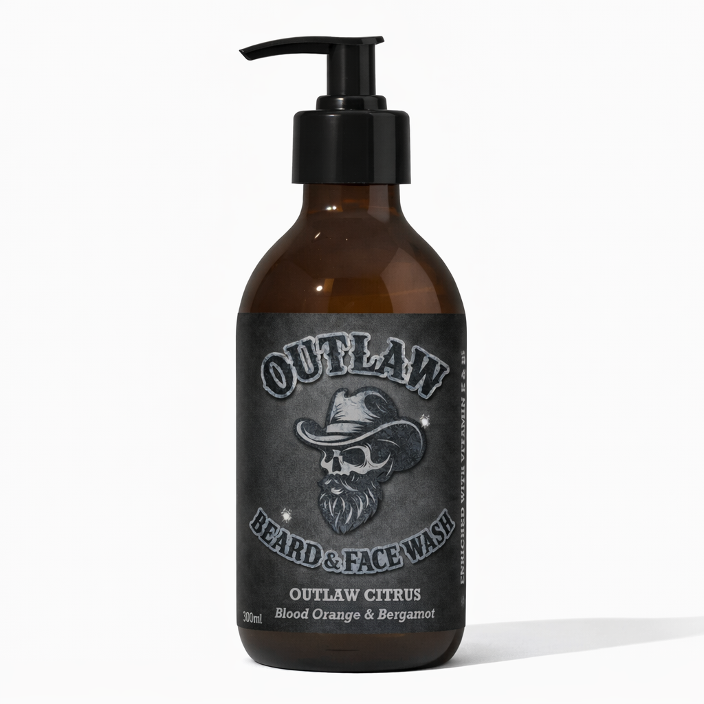 Latherly Outlaw Citrus Beard Wash 300ml with deep cleaning and soft finish, featuring natural citrus scent for beards.