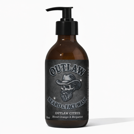 Latherly Outlaw Citrus Beard Wash 300ml with deep cleaning and soft finish, featuring natural citrus scent for beards.