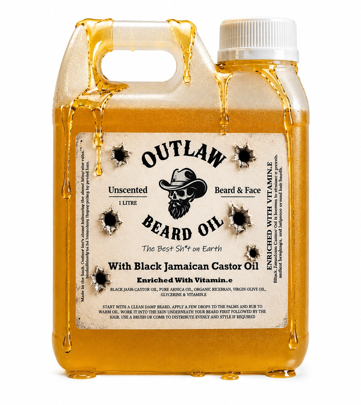 Bottle of Outlaw Beard Oil with a label on a white background