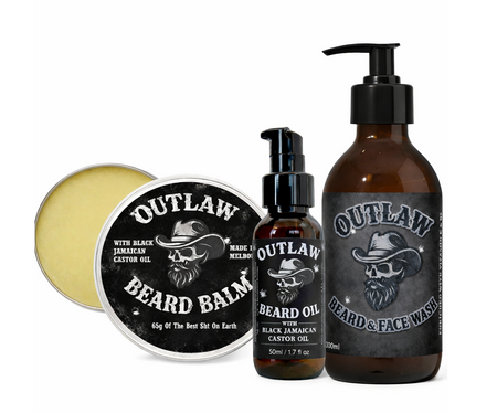 Latherly Outlaw Citrus Beard and Face Wash, Beard Oil, and Beard Balm set with citrus scent and grooming essentials.