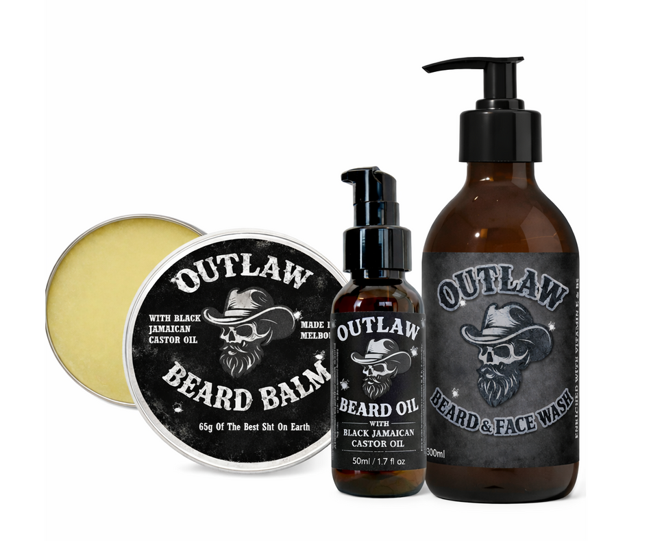Latherly Outlaw Citrus Beard and Face Wash, Beard Oil, and Beard Balm set with citrus scent and grooming essentials.